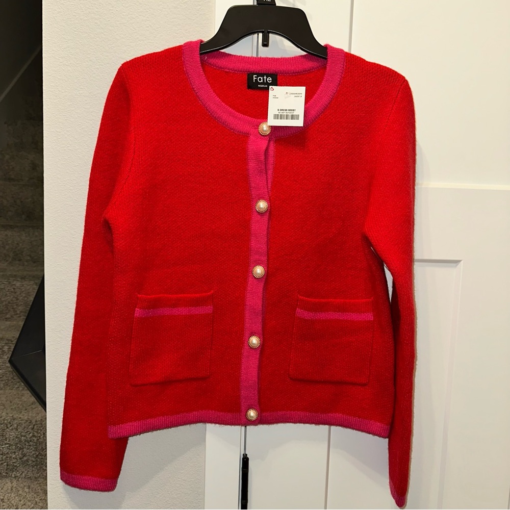 NWT Fate Red & Pink Pearl-Button Cardigan size M